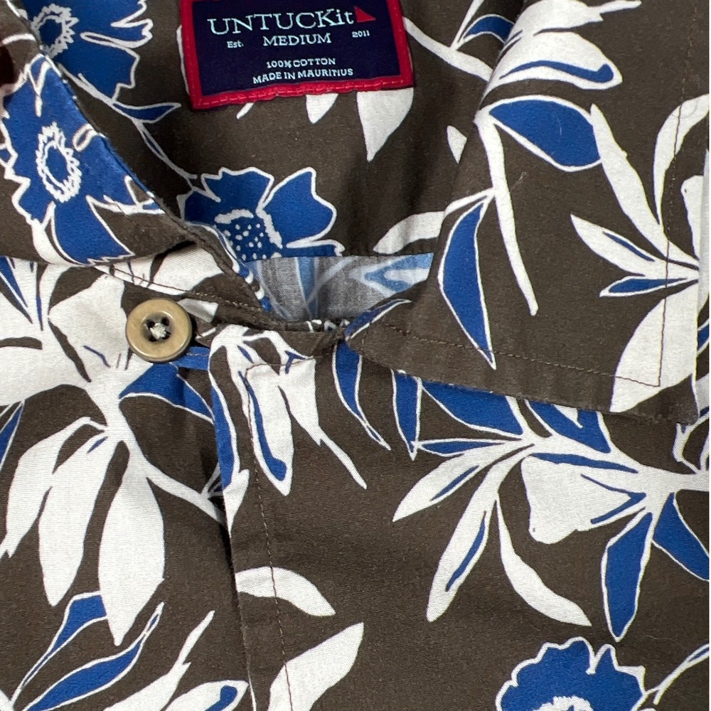 UNTUCKit Aramon Hawaiian Style Button Up Shirt Medium Brown Blue Tropical Summer - Picture 2 of 10